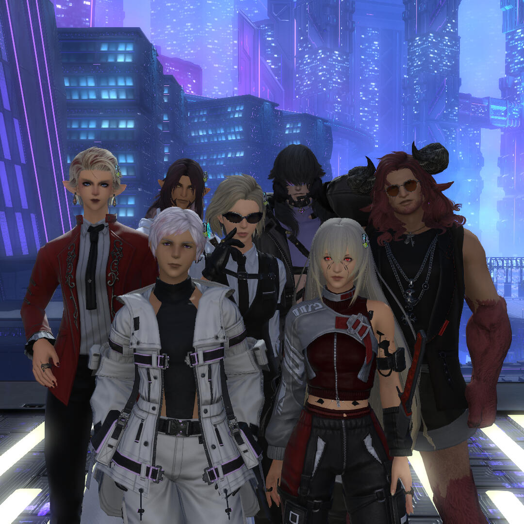Seven people posed for a group photo. Back-to-front, left-to-right, they are: A tall elf man with tanned skin, long brown hair and sharp golden eyes; a man with scorpion features who hides his eyes behind black hair and high-tech glasses; a tall elf woman